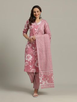 MEENA BAZAAR - Women Pink Cotton Floral Kurta with Pant and Dupatta