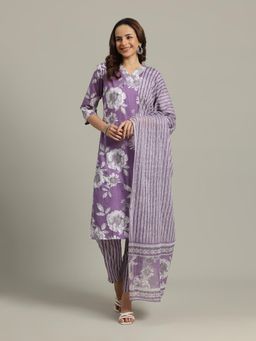 MEENA BAZAAR - Women Purple Cotton Floral Kurta with Pant and Dupatta
