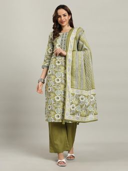 MEENA BAZAAR - Women Green Cotton Floral Kurta with Pant and Dupatta