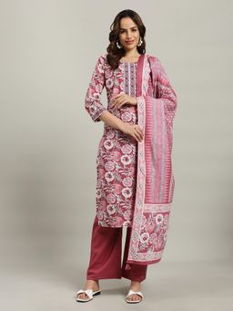 MEENA BAZAAR - Women Pink Cotton Floral Kurta with Pant and Dupatta