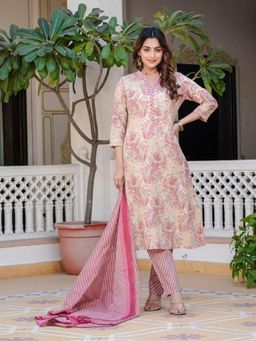 MEENA BAZAAR - Women Pink Cotton Paisley Kurta with Pant and Dupatta