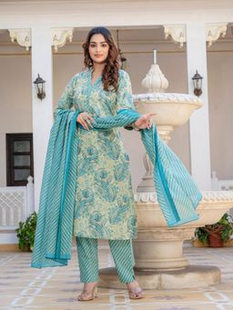 MEENA BAZAAR - Women Blue Cotton Paisley Kurta with Pant and Dupatta