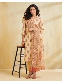 Fabindia - Women Yellow Cotton Floral Kurta with Pant and Dupatta