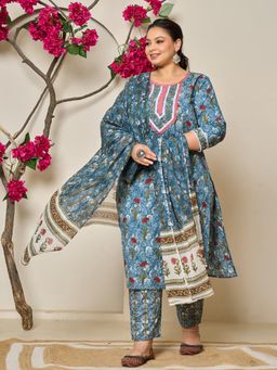 Yufta - Women Blue Cotton Floral Kurta with Pant and Dupatta