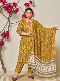 Yufta - Women Mustard Cotton Floral Kurta with Pant and Dupatta