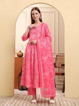 Yufta - Women Pink Cotton Floral Anarkali Kurta with Pant and Dupatta