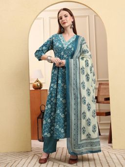 Yufta - Women Blue Cotton Floral Anarkali Kurta with Pant and Dupatta