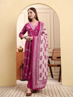Yufta - Women Pink Cotton Floral Anarkali Kurta with Pant and Dupatta