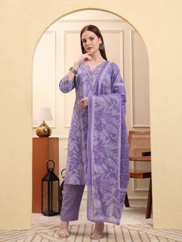 Yufta - Women Purple Cotton Floral Kurta with Pant and Dupatta