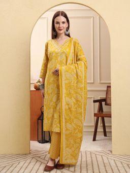Yufta - Women Yellow Cotton Floral Kurta with Pant and Dupatta