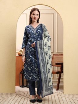 Yufta - Women Navy Blue Cotton Floral Kurta with Pant and Dupatta