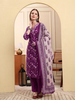 Yufta - Women Purple Cotton Floral Kurta with Pant and Dupatta