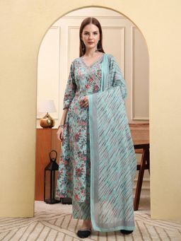 Yufta - Women Blue Cotton Floral Anarkali Kurta with Pant and Dupatta