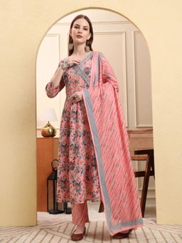Yufta - Women Peach Cotton Floral Anarkali Kurta with Pant and Dupatta