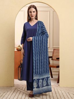 Yufta - Women Blue Cotton Solid Kurta with Pant and Dupatta