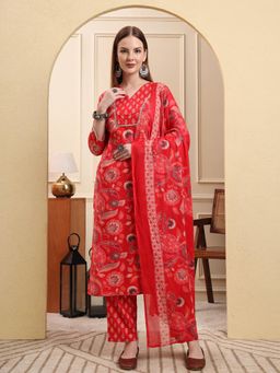 Yufta - Women Red Cotton Floral Kurta with Pant and Dupatta