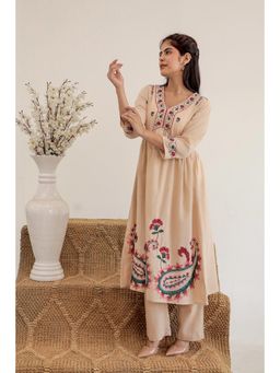 AADEWS - Women Beige Cotton Embroidered Kurta with Pant