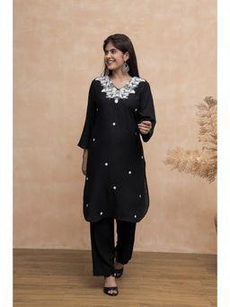 AADEWS - Women Black Cotton Embroidered Kurta with Pant