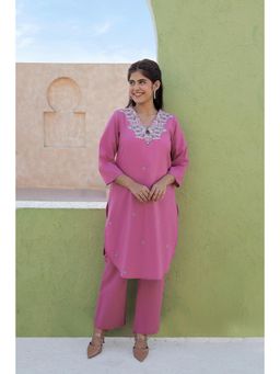 AADEWS - Women Pink Cotton Embroidered Kurta with Pant