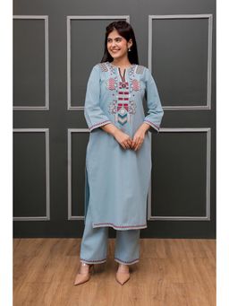 AADEWS - Women Blue Cotton Embroidered Kurta with Pant