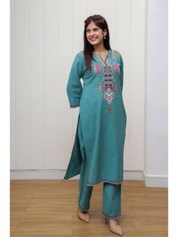 AADEWS - Women Teal Cotton Embroidered Kurta with Pant