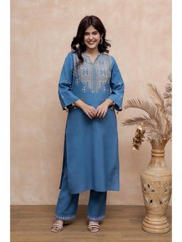 AADEWS - Women Blue Cotton Embroidered Kurta with Pant