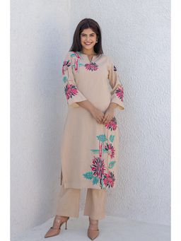 AADEWS - Women Beige Cotton Embroidered Kurta with Pant