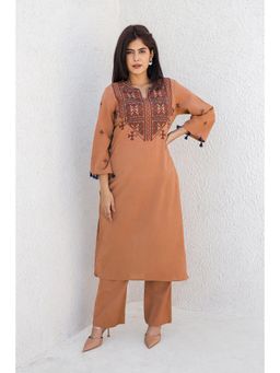 AADEWS - Women Rust Cotton Embroidered Kurta with Pant
