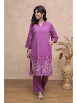 AADEWS - Women Pink Cotton Embroidered Kurta with Pant