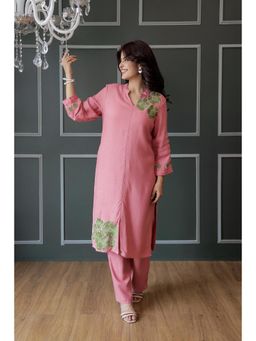 AADEWS - Women Orange Cotton Embroidered Kurta with Pant