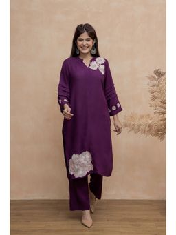 AADEWS - Women Purple Cotton Embroidered Kurta with Pant
