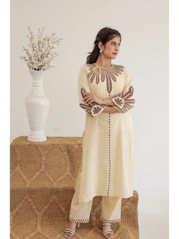 AADEWS - Women Beige Cotton Embroidered Kurta with Pant