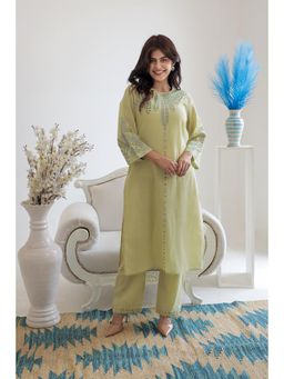 AADEWS - Women Green Cotton Embroidered Kurta with Pant