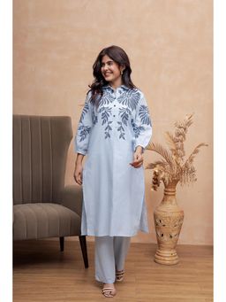 AADEWS - Women Blue Cotton Embroidered Kurta with Pant