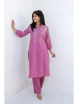 AADEWS - Women Pink Cotton Embroidered Kurta with Pant