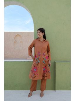 AADEWS - Women Rust Cotton Embroidered Kurta with Pant