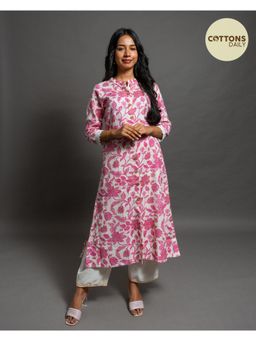 COTTONS DAILY - Women White Cotton Floral Kurta with Pant