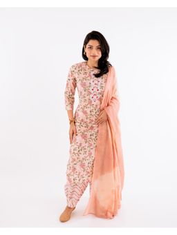 COTTONS DAILY - Women Peach Cotton Floral Kurta with Salwar and Dupatta