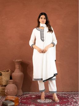 COTTONS DAILY - Women White Cotton Embroidered Kurta with Pant and Dupatta
