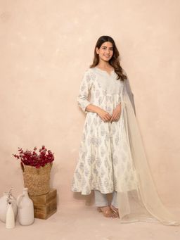 COTTONS DAILY - Women Off White Cotton Printed Anarkali Kurta with Pant and Dupatta
