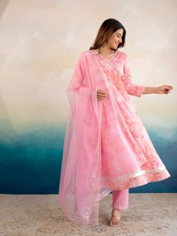COTTONS DAILY - Women Pink Cotton Floral Angarkha Kurta with Pant and Dupatta