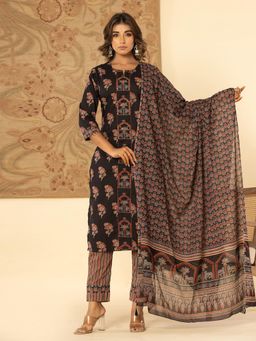 MEENA BAZAAR - Women Black Cotton Printed Kurta with Pant and Dupatta