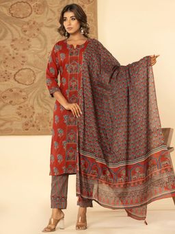 MEENA BAZAAR - Women Maroon Cotton Printed Kurta with Pant and Dupatta