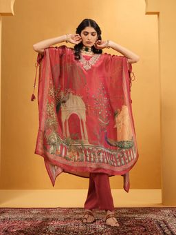 ISHIN - Women Rust Tissue Floral Kaftan Kurta with Pant