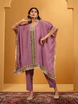ISHIN - Women Purple Silk Embellished Kaftan Kurta with Pant