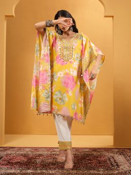 ISHIN - Women Yellow Shantoon Floral Kaftan Kurta with Pant