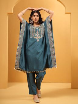 ISHIN - Women Teal Silk Embroidered Kaftan Kurta with Pant