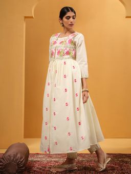 ISHIN - Women Beige Cotton Floral Kurta with Pant and Jacket