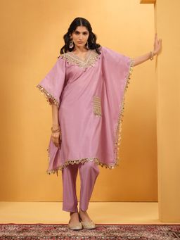 ISHIN - Women Purple Silk Embellished Kaftan Kurta with Pant