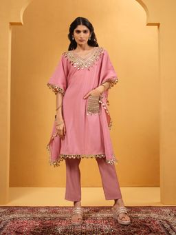 ISHIN - Women Pink Silk Embellished Kaftan Kurta with Pant